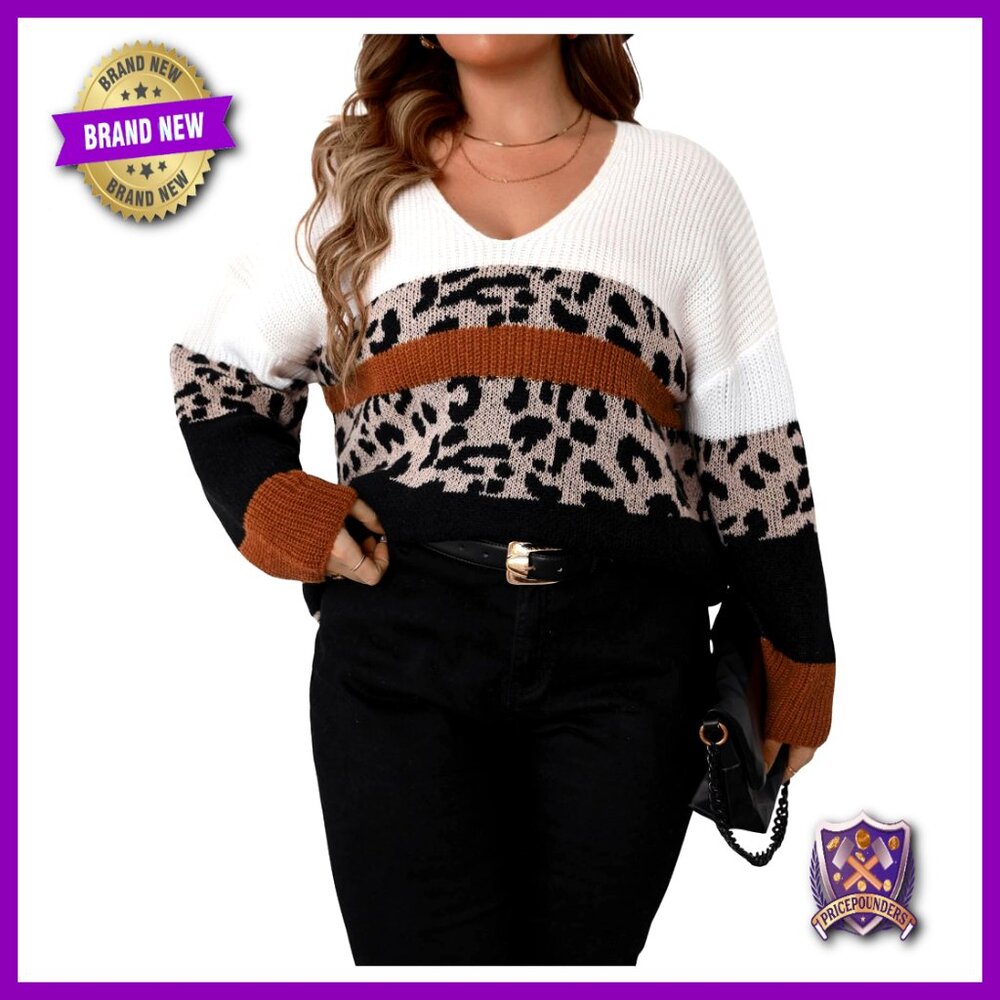 Plus Size Leopard V-Neck Pullover Sweater Long Sl… - image 1